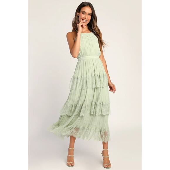 Lulus “Came for Cocktails” Sage Green Pleated Tiered Lace Maxi Dress Medium NWT - Picture 1 of 7